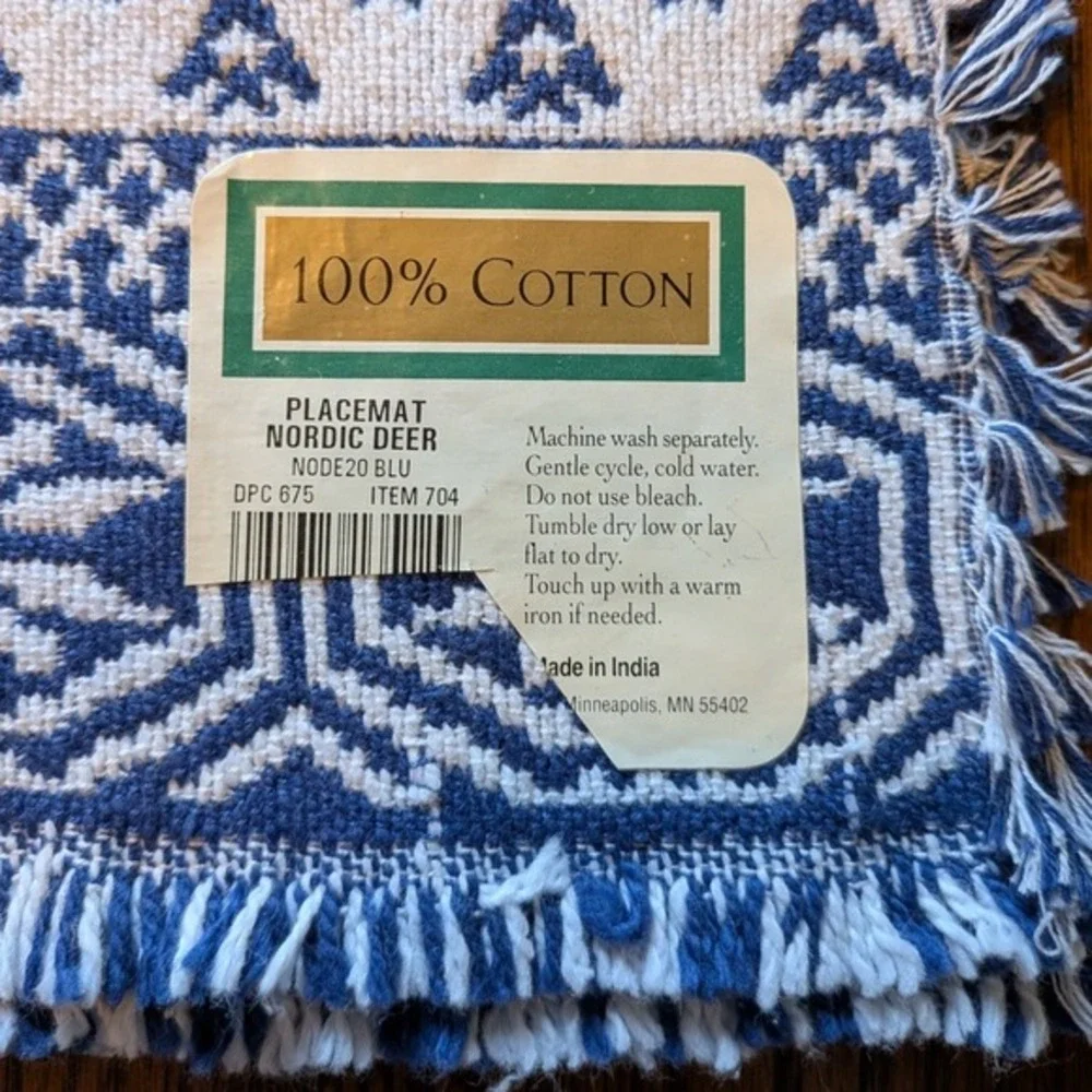 Set 4 Nordic Deer Blue White Woven Cotton Fringed Placemats Snowflake Winter